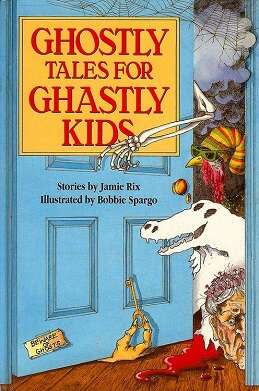 Front cover of the children's book: 50% of a head of an elderly woman wearing hair rollers is in the far right next to blood on the floor and in front of a ghost that looks like an alligator, which is peering out from behind a blue door with a hand holding a key coming out from under it, and a tiny sign that says "Beware of Ghosts" stuck on the bottom of the left side of the door. Above the hand and the sign is the book title and the author's name.