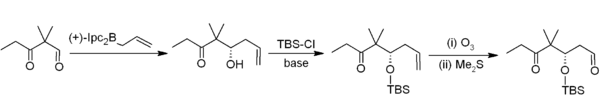 An allyl-α-pineneborate allylates 2,2‑dimethyl-3‑oxopentenal to (5S)-5‑hydroxy-4,4‑dimethyloct-7‑en-3‑one; the alcohol is then protected with tert-butyldimethylsilyl chloride, and the terminal olefin cleaved in reductive ozonolysis with dimethyl sulfide.