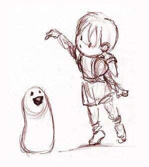 Hand-drawn sketch of the young Boy holding a jelly bean over the Blob's head.