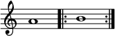  {
\override Score.TimeSignature #'stencil = ##f
{
\relative c'' {
\time 4/4
a1
\repeat volta 2 { b1 }
}
} }
