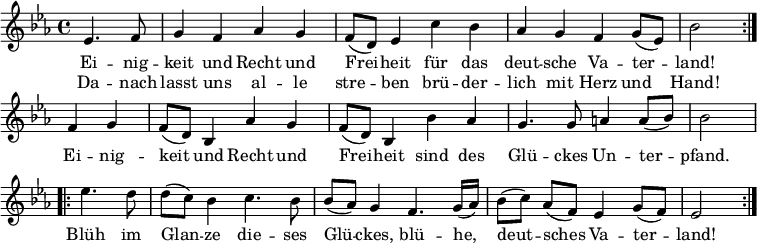 
\relative c'
{ \key es \major \time 4/4
\partial 2 \repeat volta 2 { es4. f8 | g4 f as g | f8 (d) es4 c' bes | as g f g8 (es) | bes'2 }
f4 g | f8 (d) bes4 as' g | f8 (d) bes4 bes' as | g4. g8 a4 a8 (bes) | bes2
\repeat volta 2 { es4. d8 | d (c) bes4 c4. bes8 | bes (as) g4 f4. g16 (as) | bes8 [(c)] as [(f)] es4 g8 (f) | es2 } }
\addlyrics {
<<
{ Ei -- nig -- keit und Recht und Frei -- heit
für das deut -- sche Va -- ter -- land!
}
\new Lyrics
{ Da -- nach lasst uns al -- le stre -- ben
brü -- der -- lich mit Herz und Hand! }
>>
Ei -- nig -- keit und Recht und Frei -- heit
sind des Glü -- ckes Un -- ter -- pfand.
Blüh im Glan -- ze die -- ses Glü -- ckes,
blü -- he, deut -- sches Va -- ter -- land!
}