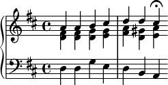 
\new PianoStaff <<
\new Staff <<
\new Voice \relative c'' {
\stemUp \clef treble \key d \major \time 4/4
a4 a b cis d d cis\fermata
}
\new Voice \relative c' {
\stemDown
<d fis>4 <d fis> <d g> <e g> <fis a> <d gis> <e a>
}
>>
\new Staff <<
\relative c {
\clef bass \key d \major \time 4/4
d4 d g e d b a
}
>>
>>
