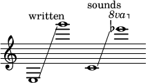 
{
\new Staff \with { \remove "Time_signature_engraver" }
\clef treble \key c \major ^ \markup "written" \cadenzaOn
e1 \glissando g'''1
c'1 ^ \markup "sounds" \glissando \ottava #1 ees''''1
}
