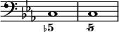 { \override Score.TimeSignature #'stencil = ##f \time 4/4 \key c \minor \clef bass << { c1 c } \figures { < 5- >1 < 5/ > } >> }