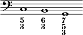 { \override Score.TimeSignature #'stencil = ##f \clef bass << { \cadenzaOn c1 b, g, } \figures { < 5 3 >1 < 6 3 > < 7 5 3 > } >> }