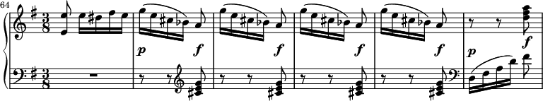 
\new PianoStaff <<
\new Staff <<
\relative c' {
\clef treble \key g \major \time 3/8
\set Score.currentBarNumber = #64
\bar ""
<e e'>8 e'16[ dis fis e]
\once \override DynamicLineSpanner.staff-padding = #3.5 g16([\p e cis bes)] \once \override DynamicLineSpanner.staff-padding = #3.5  a8\f
g'16([ e cis bes)] \once \override DynamicLineSpanner.staff-padding = #3.5  a8\f
g'16([ e cis bes)] \once \override DynamicLineSpanner.staff-padding = #3.5  a8\f
g'16([ e cis bes)] \once \override DynamicLineSpanner.staff-padding = #3.5 a8\f
r r <d fis a>\f
}
>>
\new Staff <<
\new Voice \relative c' {
\clef bass \key g \major \time 3/8
R4.
r8 r \clef treble <cis e g>
r8 r <cis e g>
r8 r <cis e g>
r8 r <cis e g>
\clef bass \once \override DynamicLineSpanner.staff-padding = #3.5 d,16([^\p fis a d)] fis8
}
>>
>>
