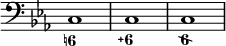 { \override Score.TimeSignature #'stencil = ##f \time 4/4 \key c \minor \clef bass << { c1 c c } \figures { < 6! >1 < 6\+ > <6\\> } >> }