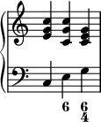 
{
\override Score.TimeSignature #'stencil = ##f
\new PianoStaff <<
\new Staff <<
\relative c' {
\clef treble \time 3/4
<e g c>4 <c g' c> <c e g>
}
>>
\new Staff <<
\relative c {
\clef bass \time 3/4
c4 e g
}
\figures {
< _ >4 <6> <6 4>
}
>>
>> }
