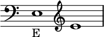 { \new Staff \with{ \magnifyStaff #3/2 } << \time 2/1 \override Score.TimeSignature #'stencil = ##f { \clef bass e1_E \clef treble e' } >> }