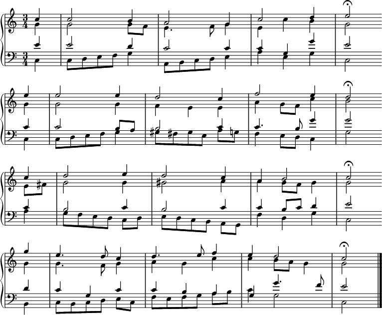 
{ \new PianoStaff <<
\set Score.tempoHideNote = ##t
\override Score.BarNumber  #'transparent = ##t
\new Staff <<
\new Voice \relative c'' {\set Staff.midiInstrument = #"church organ" \tempo 4 = 104 \voiceOne \clef treble \key c \major \time 3/4 \partial 4
c4 | c2 b4 | a2 g4 | c2 d4 | e2\fermata \bar"" \break
e4 | e2 e4 | d2 c4 | f2 e4 | d2\fermata \bar"" \break
c4 | d2 e4 | d2 c4 | a4 b2 | c2\fermata \bar"" \break
g'4 | e4. d8 c4 | d4. e8 f4 | e4 d2 | c2\fermata \bar "|."
}
\new Voice \relative c'' { \voiceTwo
g4 | g2 g8 f | e4. f8 g4 | e c' b | g2
g4 | g2 g4 | f e e | a4 g8 f c'4 | b2
e,8 fis | g2 g4 | gis2 a4 | a g8 f g4 | g2
g4 | g4. f8 g4 | a g c | c b8 a g4 | g2
}
>>
\new Staff <<
\new Voice \relative c' {\set Staff.midiInstrument = #"church organ" \clef bass \key c \major \time 3/4 \voiceOne
e4 | e2 d4 | c2 c4 | c g g' | e2
c4 | c2 b8 a | b2 c4 | c4. b8 g'4 | g2
c,4 | b2 c4 | b2 c4 | c4 b8 c d4 | e2
d4 | c g c | c b a | g g'4.  f8 | e2
}
\new Voice \relative c { \voiceTwo
c4 | c8 d e f g4 | a,8 b c d e4 | a e g | c,2
c4 | c8 d e f g4 | gis8[ fis gis e] a g | f4 e8 d c4 | g'2
a4 | g8[ f e d] c d | e[ d c b] a g | f'4 d g | c,2
b4 | c8[ b c d] e c | f[ e f g] a b | c4 g2 | c,2
}
>> >> }
