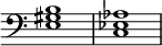 { \override Score.TimeSignature #'stencil = ##f \time 4/4 \clef bass <e gis b>1 <c ees aes> }