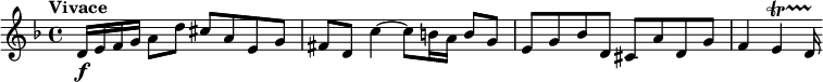 
\relative c' {
\time 4/4 \clef treble
\key d \minor
\tempo "Vivace"
d16 \f e f g a8 d cis a e g
fis d c'4~ c8 b16 a b8 g
e g bes d, cis a' d, g
f4 e \startTrillSpan d16 \stopTrillSpan
}
