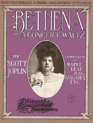 The 1905 front cover of the sheet music shows the title of the work, Bethena, in white lettering on a purple background. In the centre there is a black and white photograph of a young woman wearing white, holding a bunch of flowers.