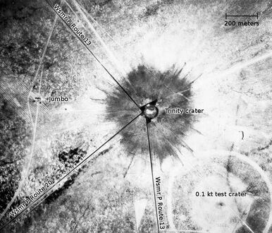 An aerial photograph of the Trinity crater shortly after the test.[lower-alpha 7]