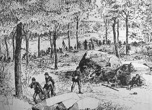 A pen and ink sketch of a line of Civil War soldiers fighting amidst trees and large boulders. In the foreground, two soldiers are carrying a wounded soldier away from the fighting.