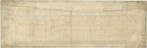 Drawing of the plan of the side of the hull of a sailing ship, without masts shown