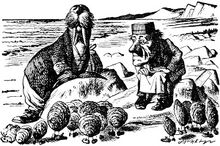 Drawing of walrus, and square-headed men, both perched on rocks, with ocean and cliffs in background