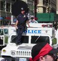 Long range acoustic device mounted on police vehicle, 2004 Republican National Convention, New York City