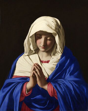 Sassoferrato's depiction of the Blessed Virgin Mary, The Virgin in Prayer, c. 1654. Her blue cloak is painted in ultramarine.[30]