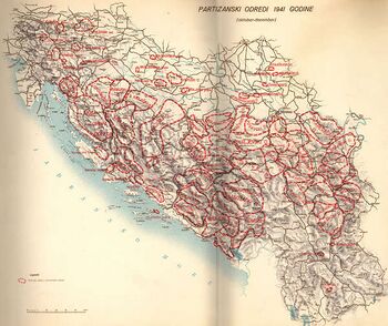 a colour map of Yugoslavia with detachment areas of responsibility marked in red