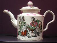 Teapot with scene of a fortune-teller. Printed black outline with manual enamel colours. 1762–82