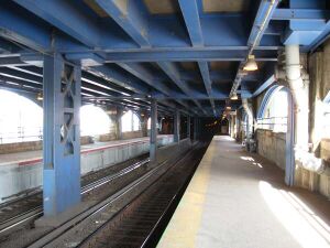 The two tracks and platforms at the Long Island Rail Road's East New York station, as seen in 2008. The station is located under a blue viaduct. The photographer is facing toward a tunnel portal at the end of one of the platforms.