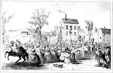 An illustration of marchers passing by cheering crowds