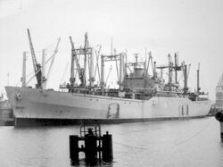 USNS Comet moored pierside at Bremerhaven, Germany, April 1976.